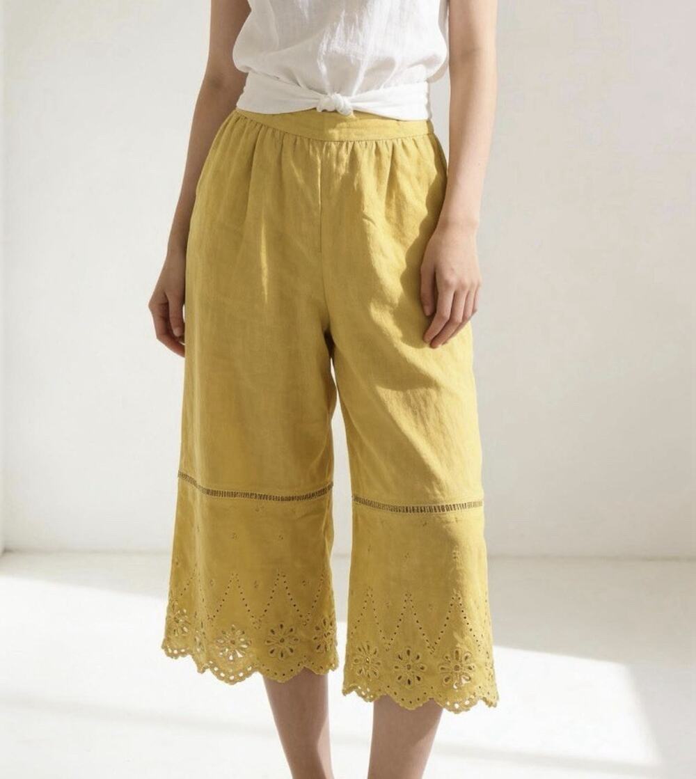 Calligraphie Women’s Eyelet Chartreuse Linen Wide-Leg Scallop Cropped Pants XL